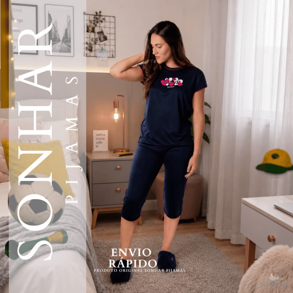 PIJAMA FEMININO COM CAPRI E MANGA JAPONESA COM DETALHE INVERNO QUENTINHO