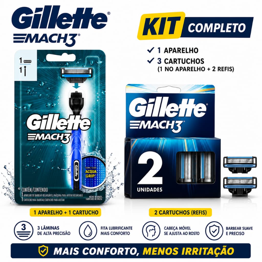 Kit Gillette Mach3 Original | 1 Aparelho Aqua Grip + 3 Cartuchos (1 no Aparelho + 2 Refis) | Barbear Preciso e Confortáv