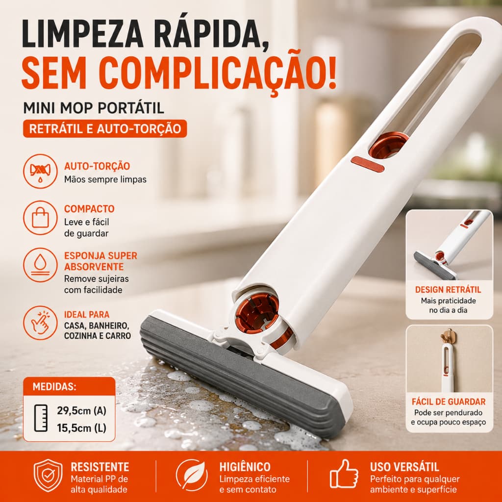 Mini Mop Portátil Esfregão Auto Torção Compacto Super Absorvente Limpeza Casa Cozinha Banheiro