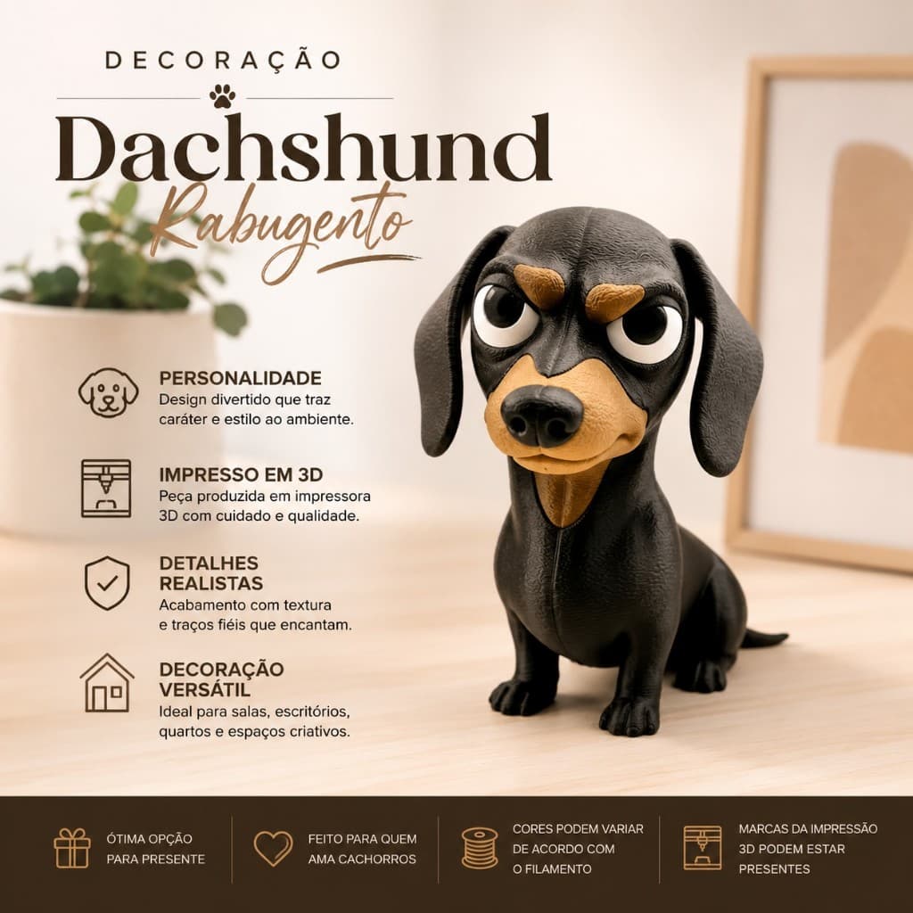 Decoração Dachshund Rabugento em Impressão 3D – Estátua Decorativa de Cachorro Salsicha – 13 x 10 x 9 cm