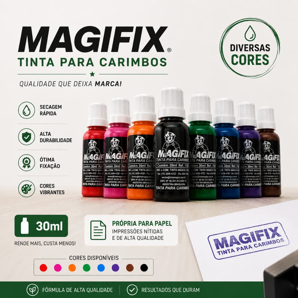 Tinta Magifix para Carimbo 30ml | Diversas Cores | Base Água para Papel | Refil de Carimbo