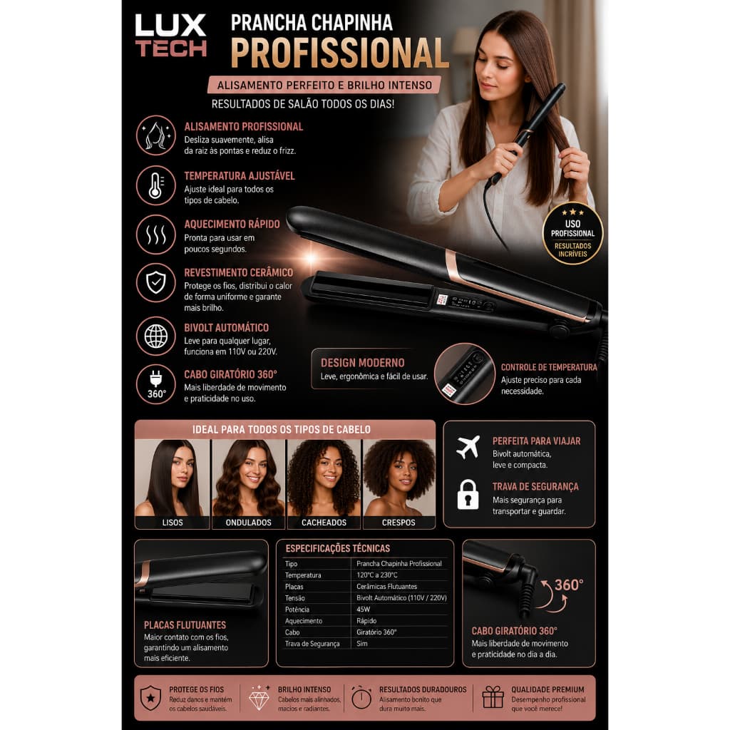 Prancha Chapinha Profissional Bivolt Alisar Cabelo
