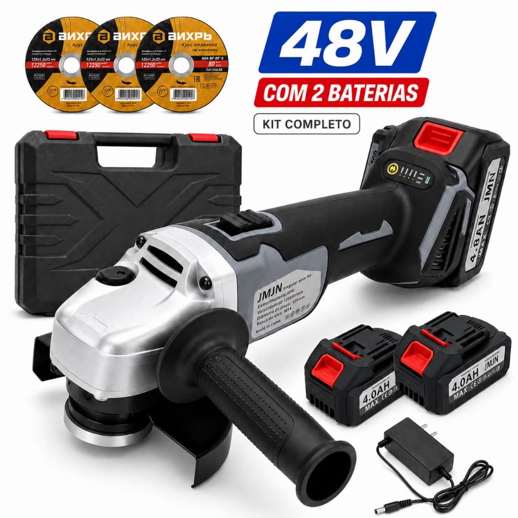 Esmerilhadeira Angular 48V Brushless Sem Fio 2 Baterias com Maleta Corte e Lixamento