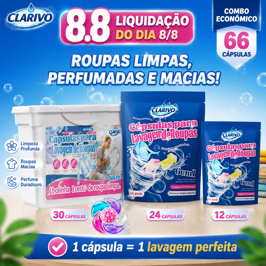 CLARIVO Cápsulas para Máquina de Lavar Roupas Kit 66 Cápsulas com Limpeza e Frescor Duradouro