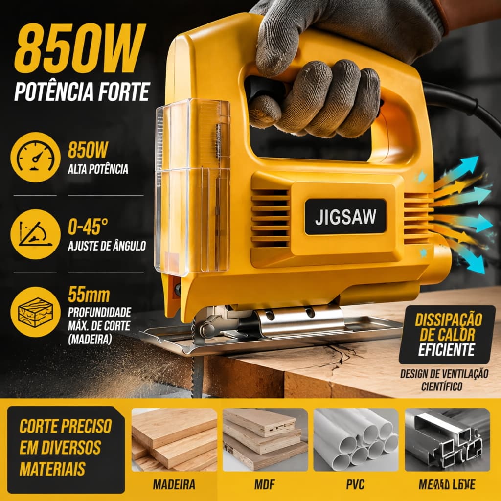 Serra Tico Tico Elétrica 850W Profissional Corte Madeira MDF PVC Metal Ajuste 45° Ferramenta Potente