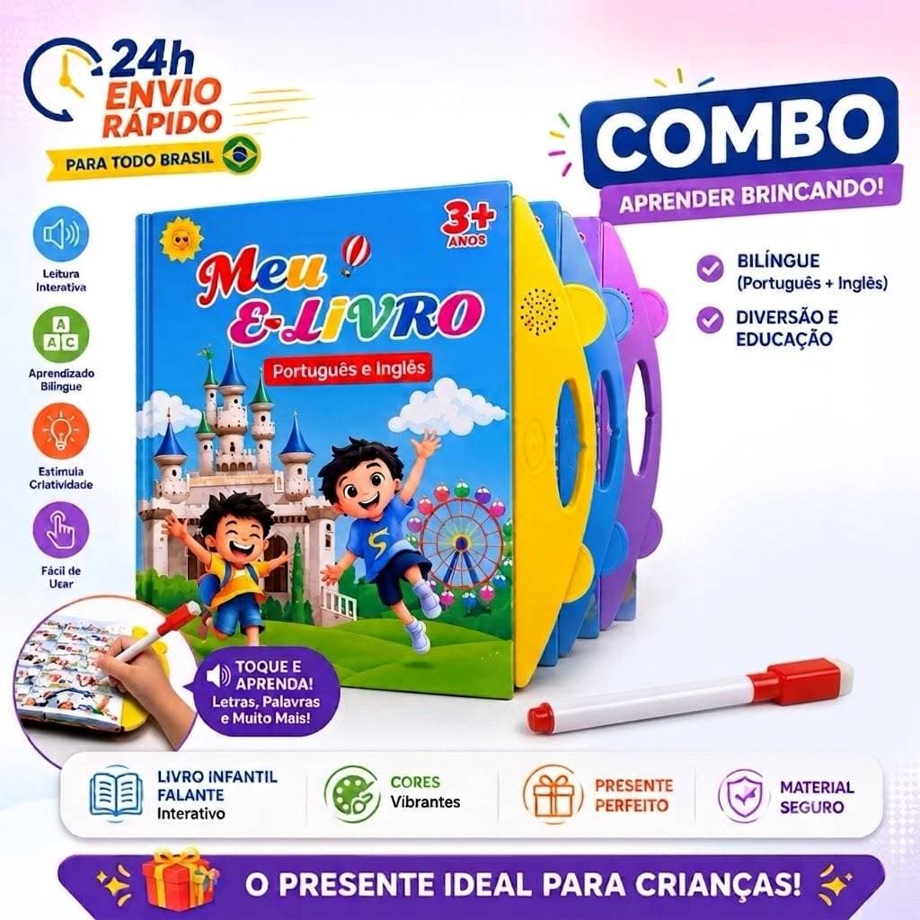 Livro Infantil Bilíngue Português Inglês Interativo com Som e Toque Inteligente Brinquedo Educativo para Crianças