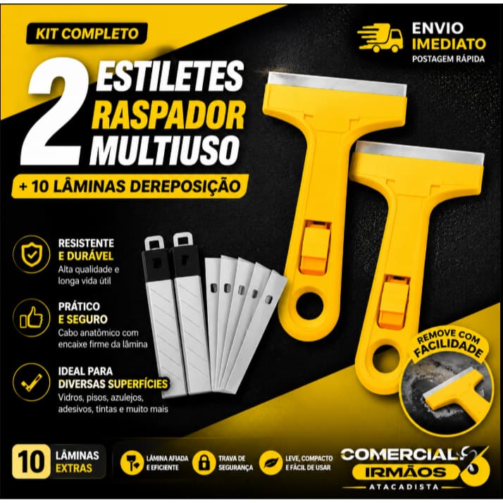 Estilete Profissional Raspador Multiuso 10 Lâminas Tira Adesivo Cola Vidro Piso Parede