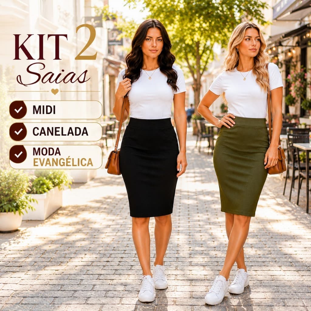 Kit 2 Saia Midi Moda Evangelica Anarruga Canelado Slim Blogueira Basica Casual Elegante