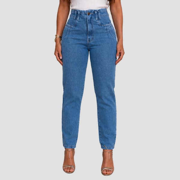 Calça Jeans Mom Jeans Feminina Lavagem Clara Cintura Alta Bolsos Detalhados Casual Rotina Diária