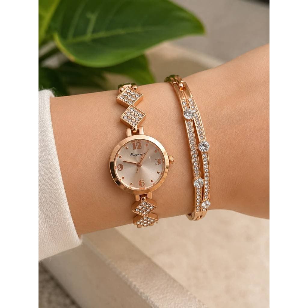 Kit Relógio Feminino Dourado com Pulseira Strass Luxo Analógico Elegante Pulseira Bracelete Presente Feminino