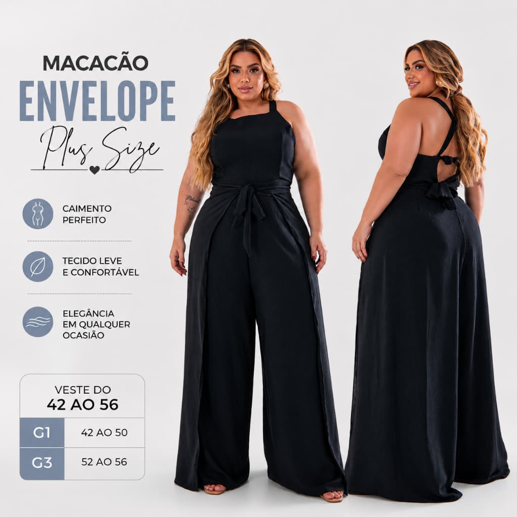 Macacão Envelope  Longo Plus Size Pantalona Perna Ampla (Wide Leg) Alça Trançada Lastex Cintura Ajustável G1 ao G3