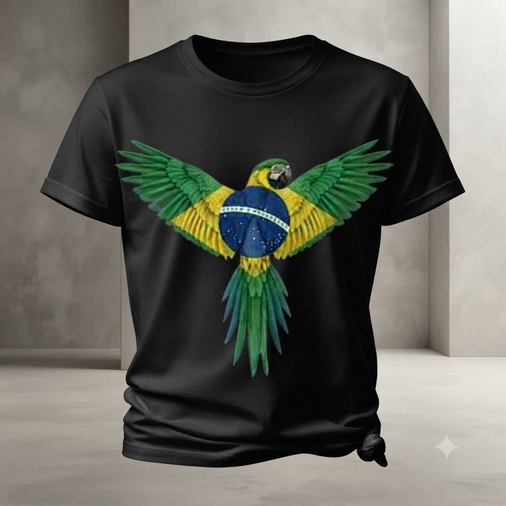 Camiseta Estampada Arara Brasil – Estilo Tropical Patriótico Casual Unissex