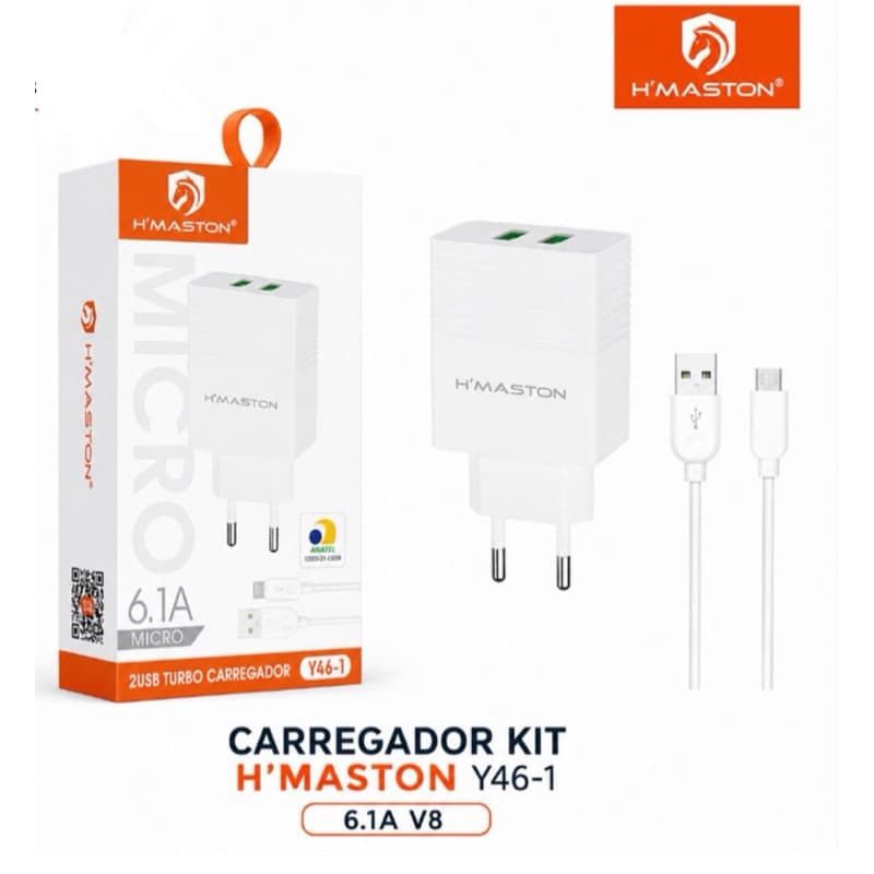 Carregador Turbo H'Maston Y46-1 Kit com Cabo Micro USB V8 6.1A Duas Entradas USB Homologado Anatel Bivolt Rápido