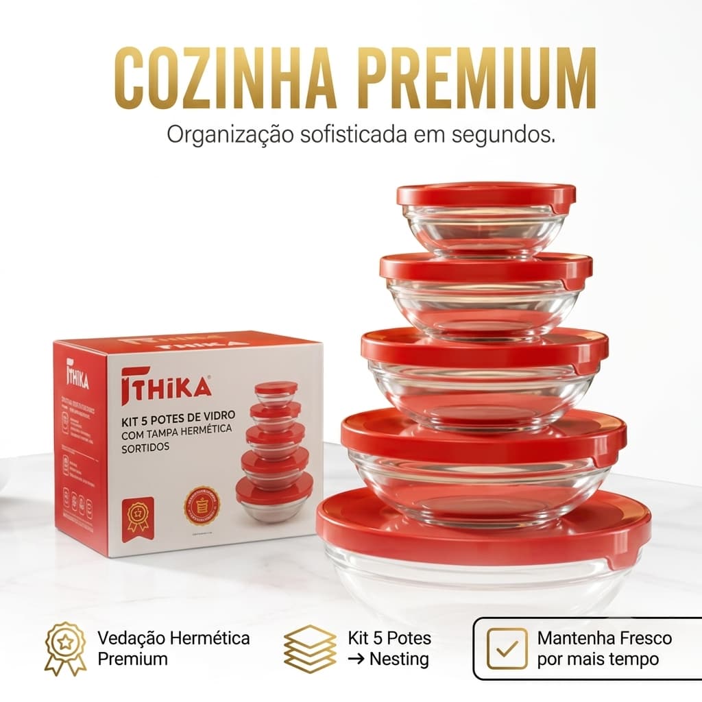 Conjunto 5 Potes de Vidro Com Tampa - Sortido Durável Higiênico Armazena alimentos no dia a dia.