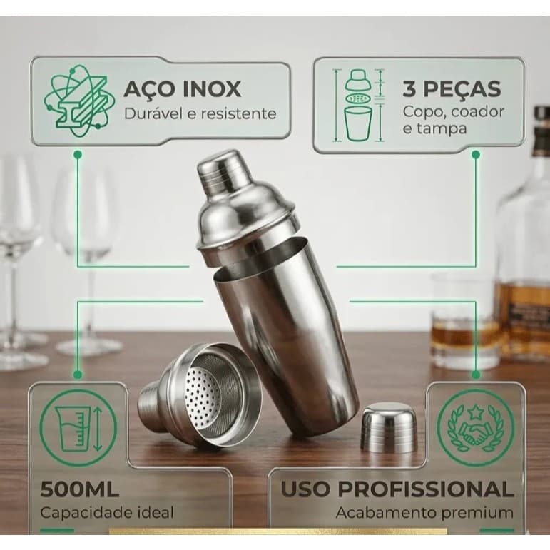 Coqueteleira Inox 500ml Capacidade Otima Design Moderno Bartender Bar Cocktail