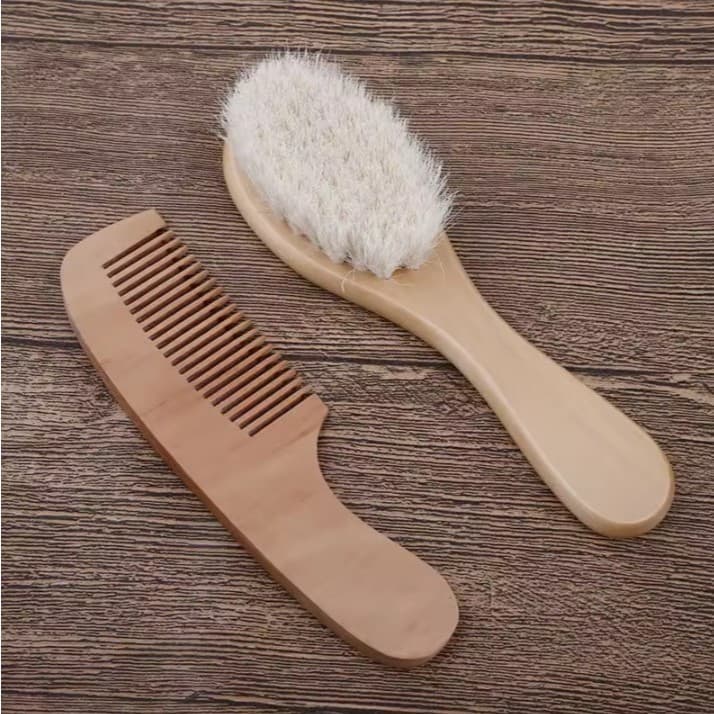 Kit Escova e Pente para Bebê Recém-Nascido Madeira Cerdas Macias Pelo de Cabra Natural Higiene Cabelo Infantil Enxoval