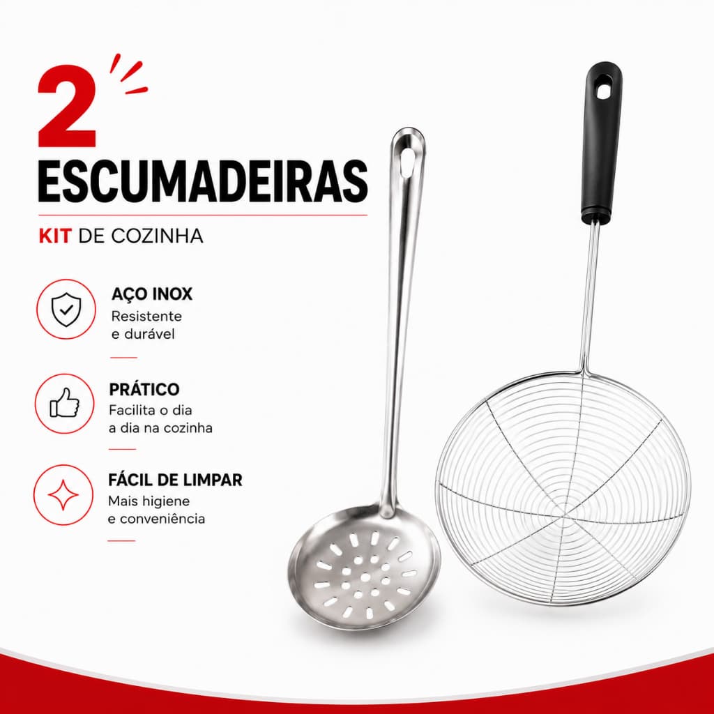 Escumadeira Inox Cozinha + Fritura Aço Inoxidável Aramada Resistente Kit 2 Peças