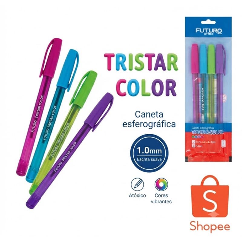 Kit 4 canetas esferográficas coloridas 1.0 mm Canetas Tristar color Futuro  Office  4 cores