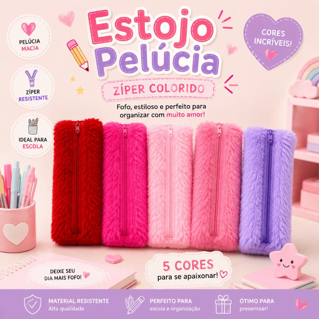 Estojo Fofo de Pelúcia Porta Lápis Escolar Feminino Rosa Pink Lilás Vermelho