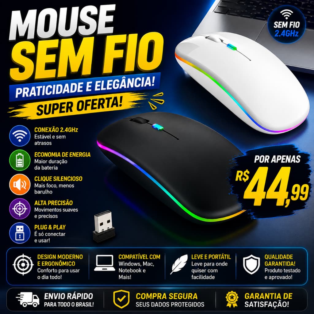 MOUSE SEM FIO RECARREGAVEL COM BATERIA INTERNA DE LONGA DURAÇÃO