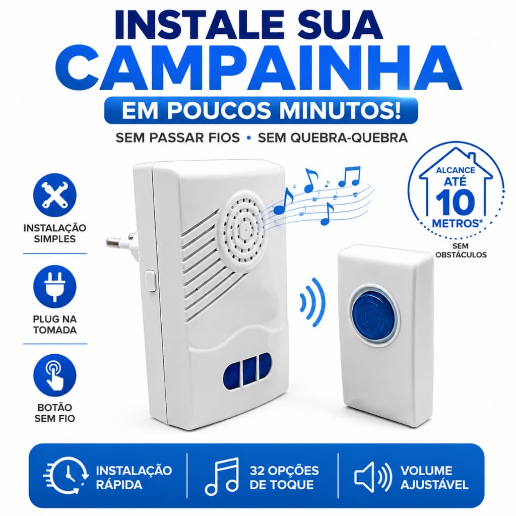 Campainha Digital Sem Fio Com Pilha 32 Toques Alcance 10 Metros Volume Ajustável Para Casa Comércio