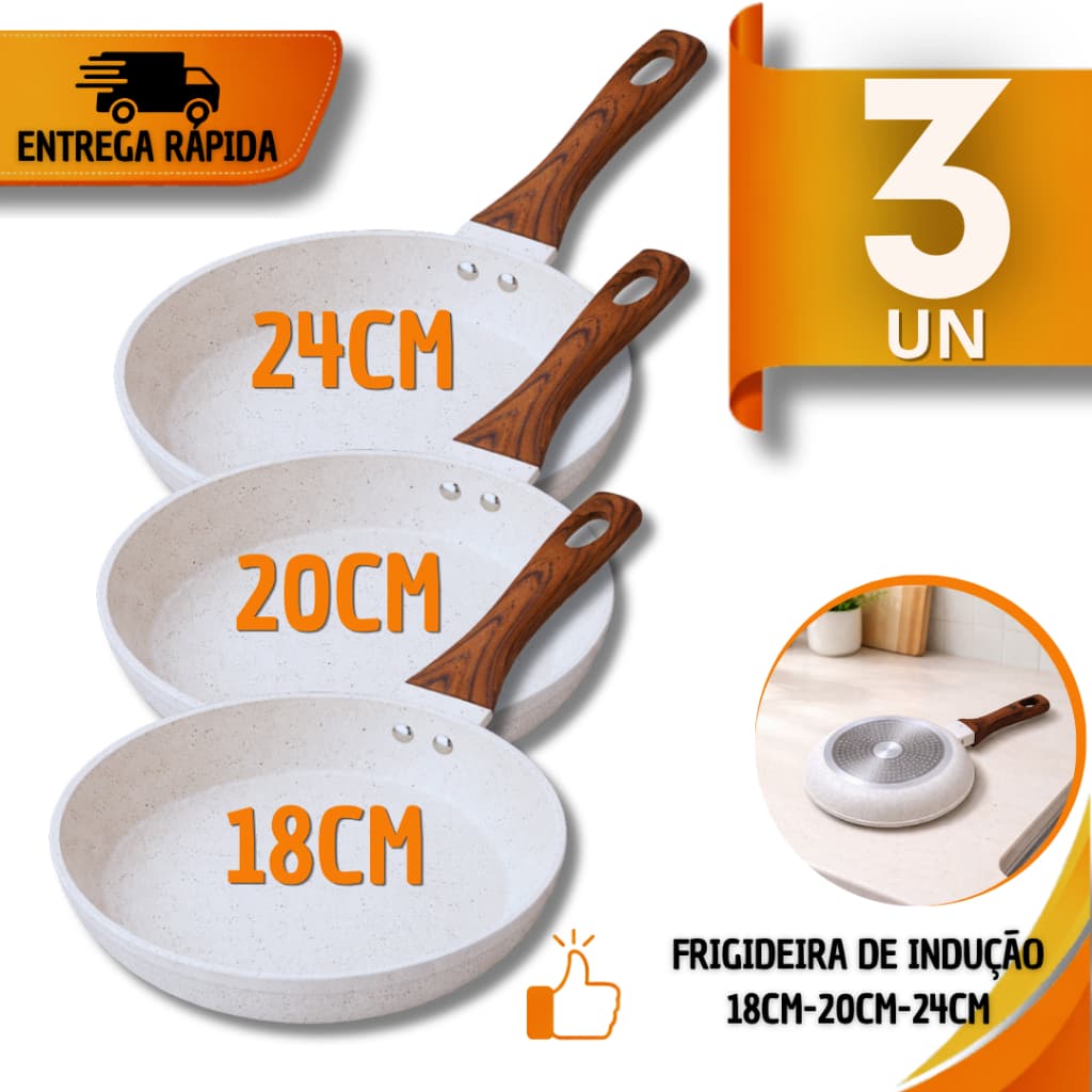 Combo Frigideiras Antiaderente 24/20/18cm Indução Cerâmica Antiaderente Branca Menos Óleo Utensílio
