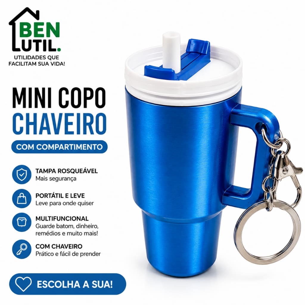 Porta Batom Chaveiro Mini Copo Azul com Compartimento Porta Objetos Organizador Portátil BEN ÚTIL