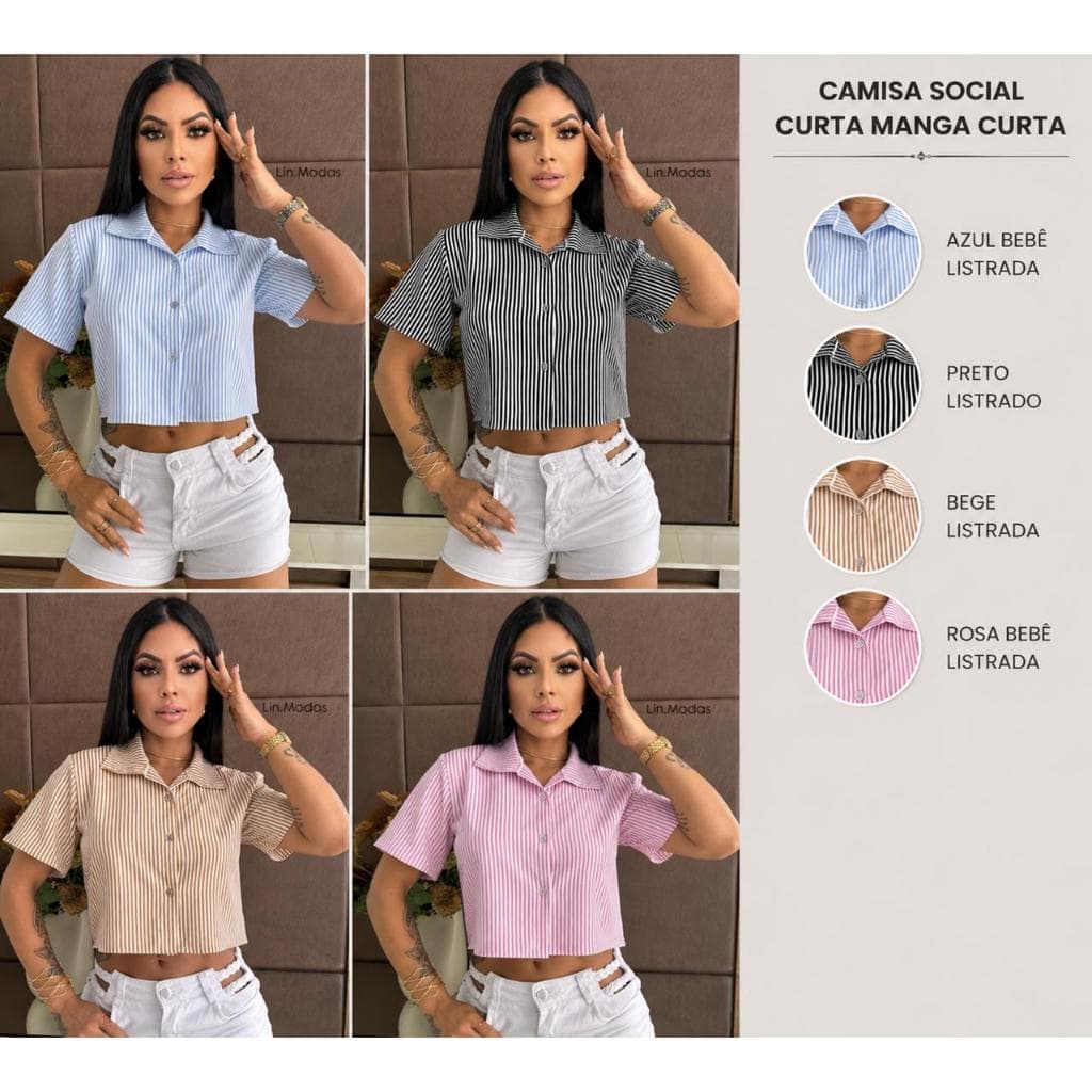 Camisa Cropped Feminina Listrada Manga Curta Social Com Botoes Casual Elegante Moda Feminina
