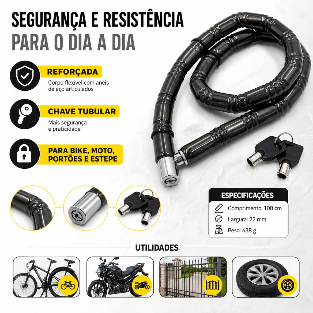 Cadeado Trava Corrente pata Moto Bicicleta com 2 Chaves 1Mx22mm Reforçado e Articulado