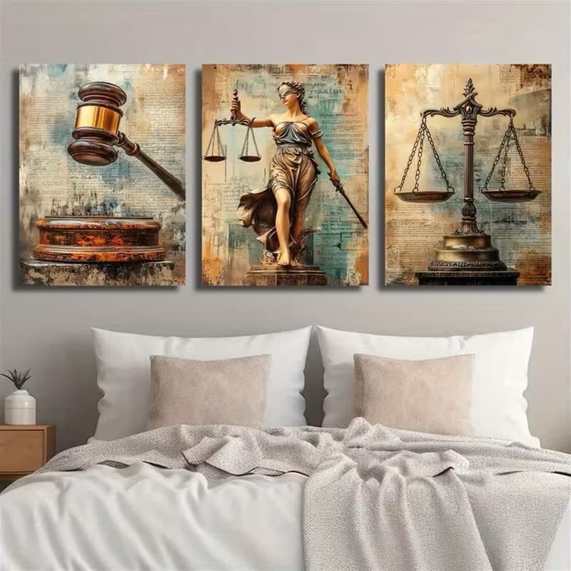 Kit 3 Quadros Decorativos Direito Deusa Têmis Balança da Justiça Advogacia Grande Para Sala Escritório Modernos Elegante
