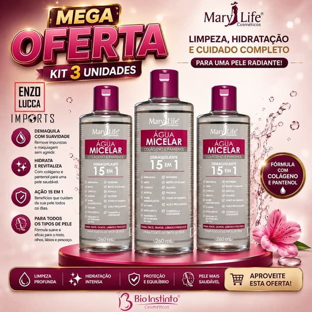Kit 3 Unidades Água Micelar Colágeno e Pantenol 15 em 1 260mL Mary Life