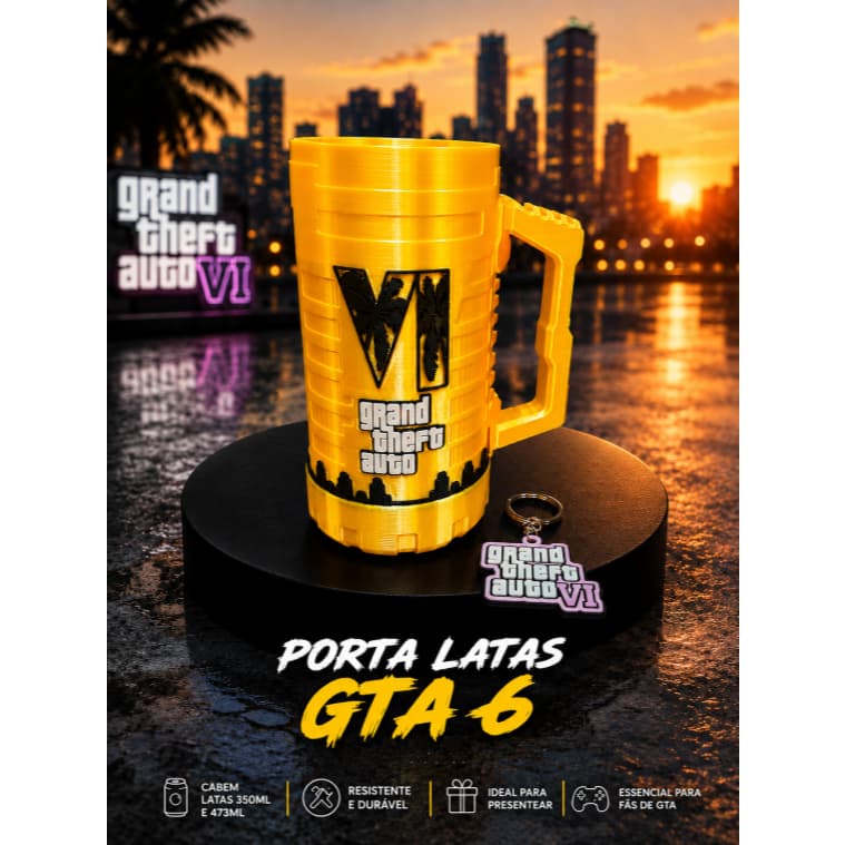 Suporte Porta Lata GTA 6 350ml e 473ml com Alça Presente Gamer Grand Theft Auto VI Exclusivo + Chaveiro de Brinde