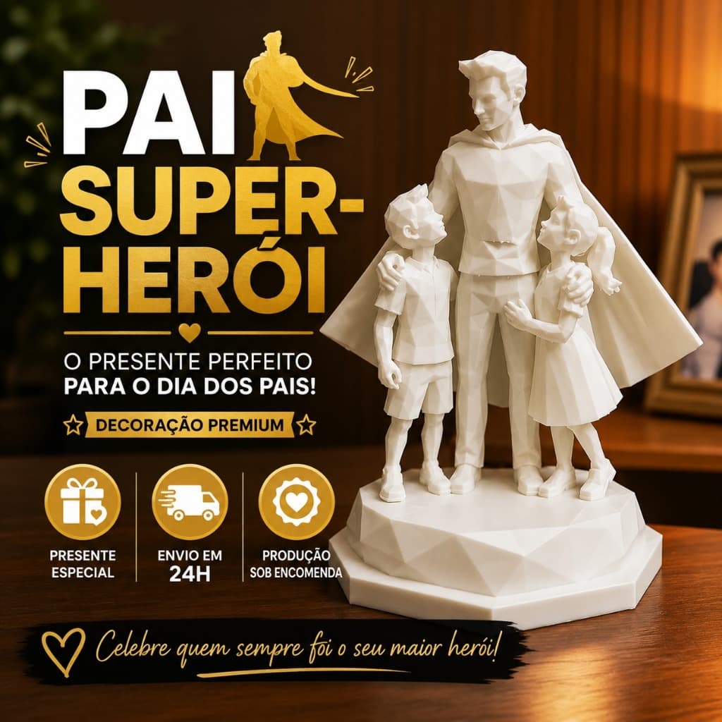 Estátua Pai Super Herói com Filhos Decoração Dia dos Pais Presente Criativo Low Poly Branco Preto Cinza