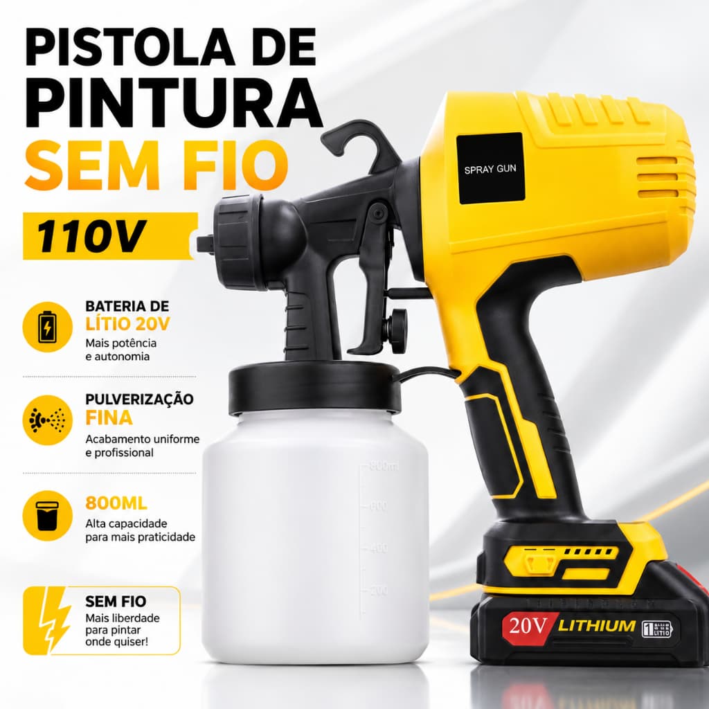 Pulverizador de Tinta Elétrico Sem Fio 20V, Bateria Lítio, Tanque 800ml, Pulverização Uniforme para Reformas-J4