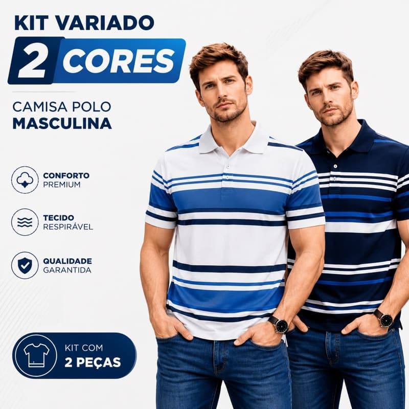 Kit com 2 Camisas Gola Polo Masculina Listrada Sem Bolso