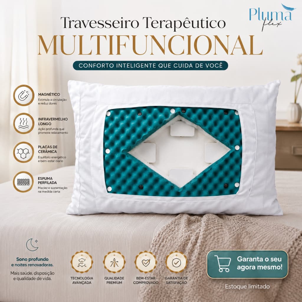 Travesseiro Ortopédico Terapêutico Magnético Infravermelho Longo Cerâmica Premium Conforto Térmico