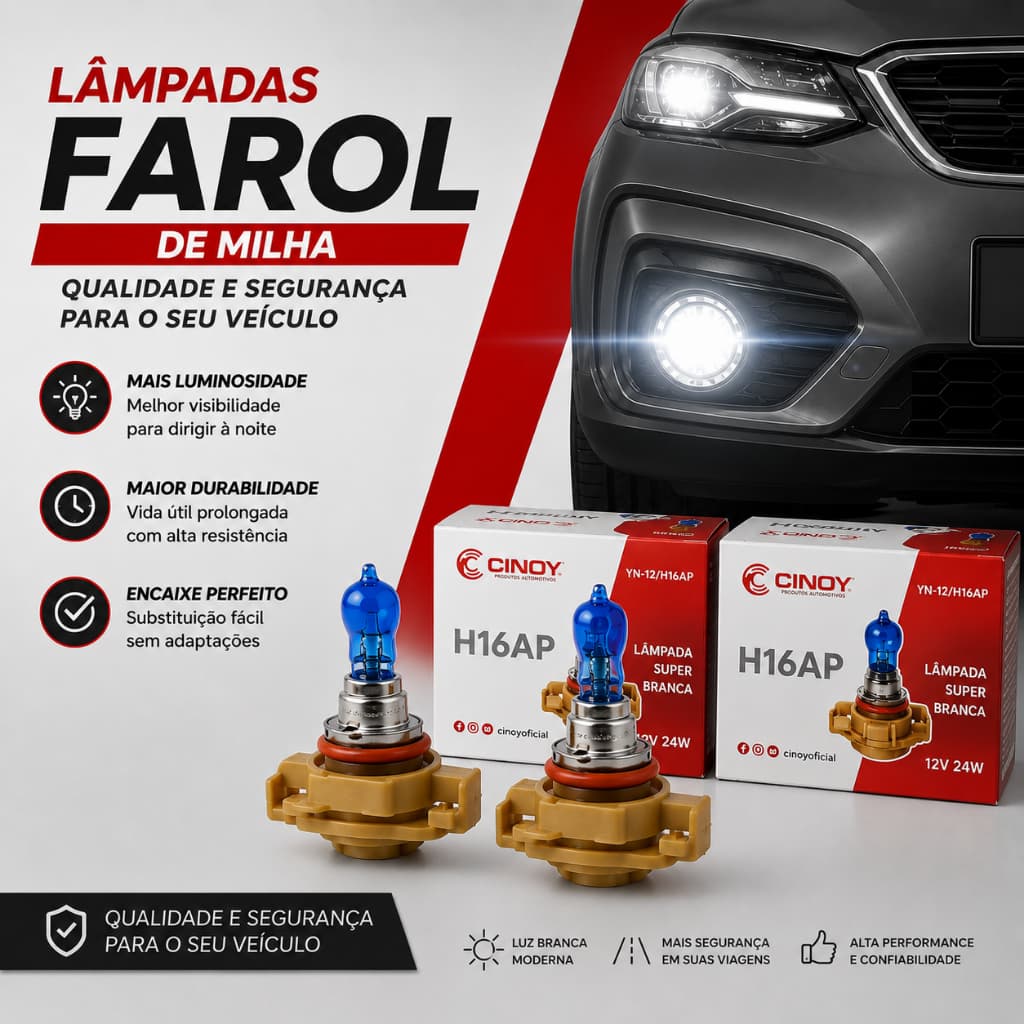 Par Lâmpadas H16 Super Branca Efeito Xenon Cinoy 12V Encaixe Padrão