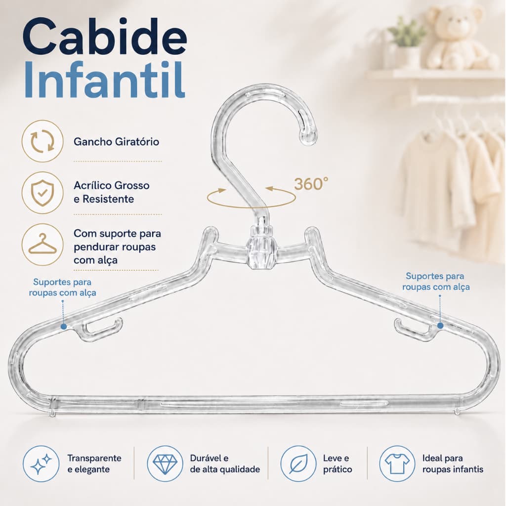 Kit 10 Cabides Infantil Acrílico com Gancho Giratório e Suporte para Alças