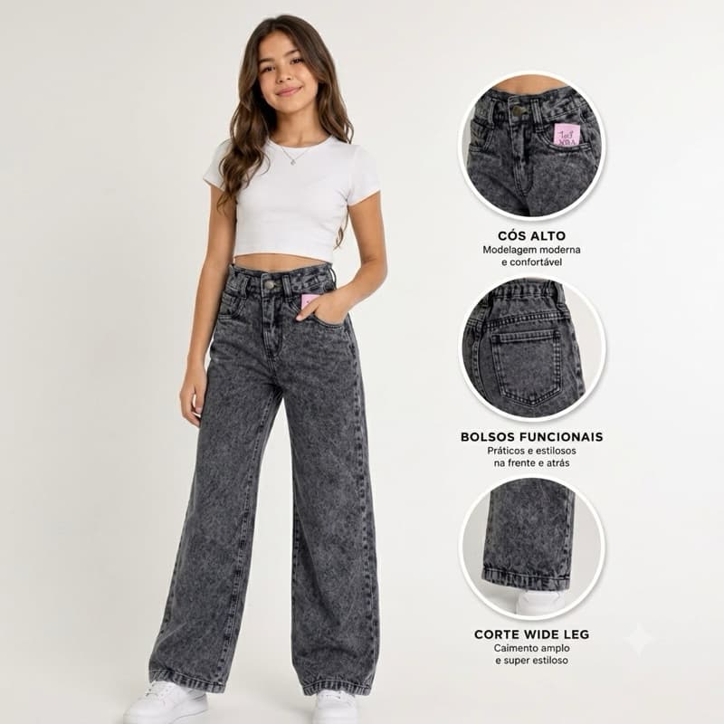 Calça Wide Leg Infantil e juvenil Jeans Premium Grafite/Marmorizado