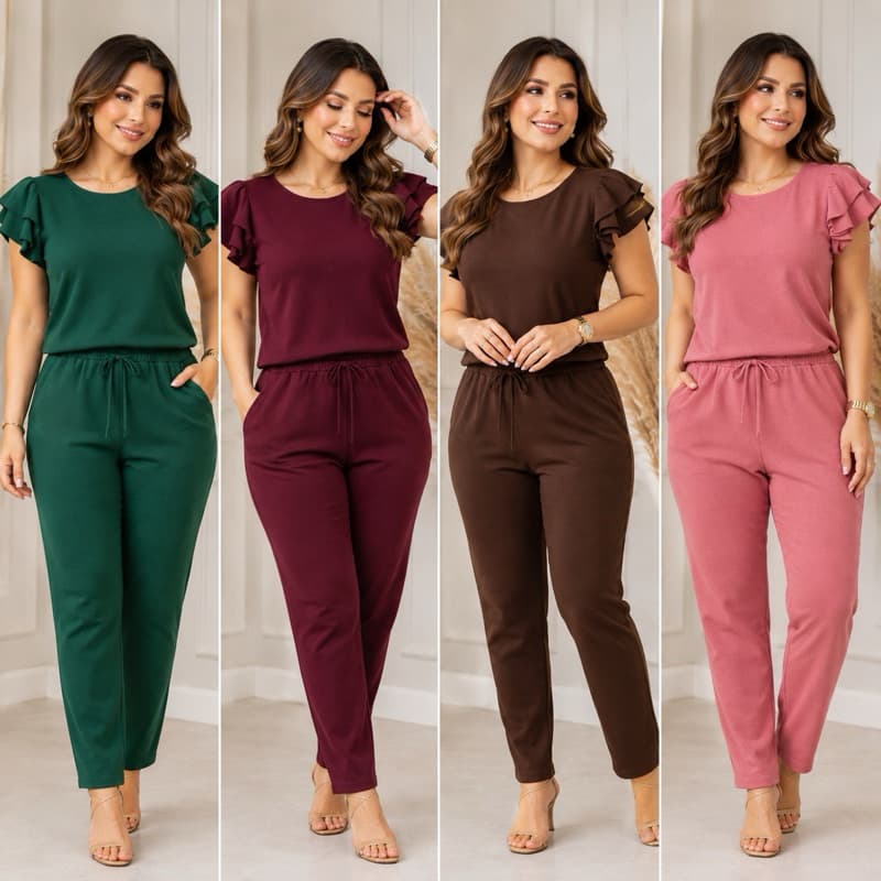 Conjunto Feminino Duna Premium | Calça e Blusa Manga Curta Babado | Confortável e Elegante | M ao GG