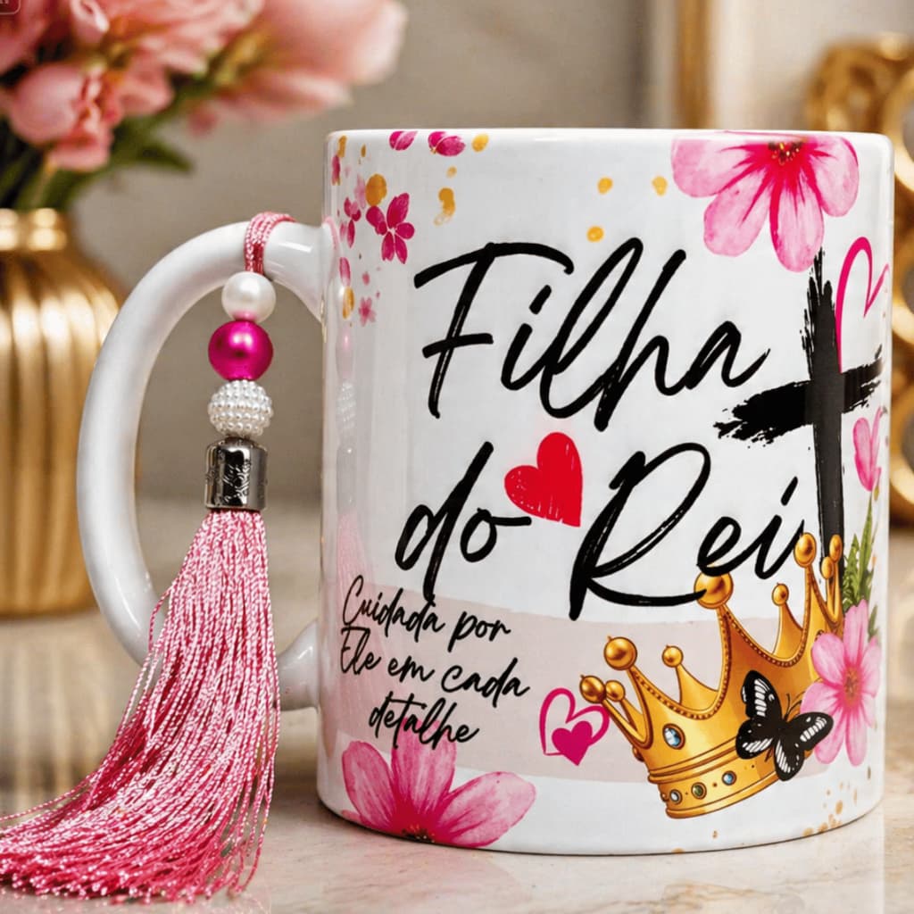 Caneca Personalizada Evangélica Filha do Rei com Nome | Presente Cristão Feminino | Porcelana 325ml | Estampa Exclusiva