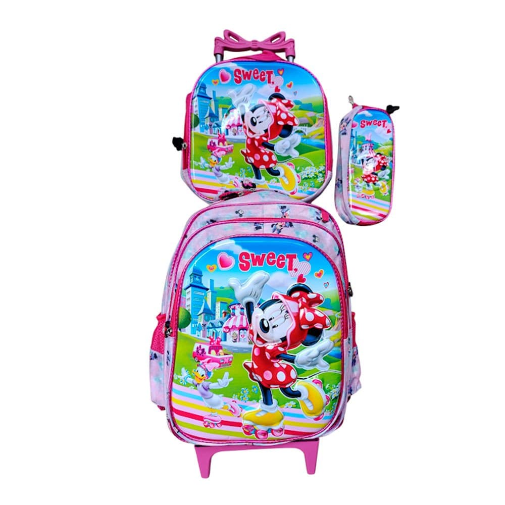Kit Mochila da Minnie em Alto Relevo 3D com Rodinhas + Lancheira Térmica + Estojo Escolar Infantil