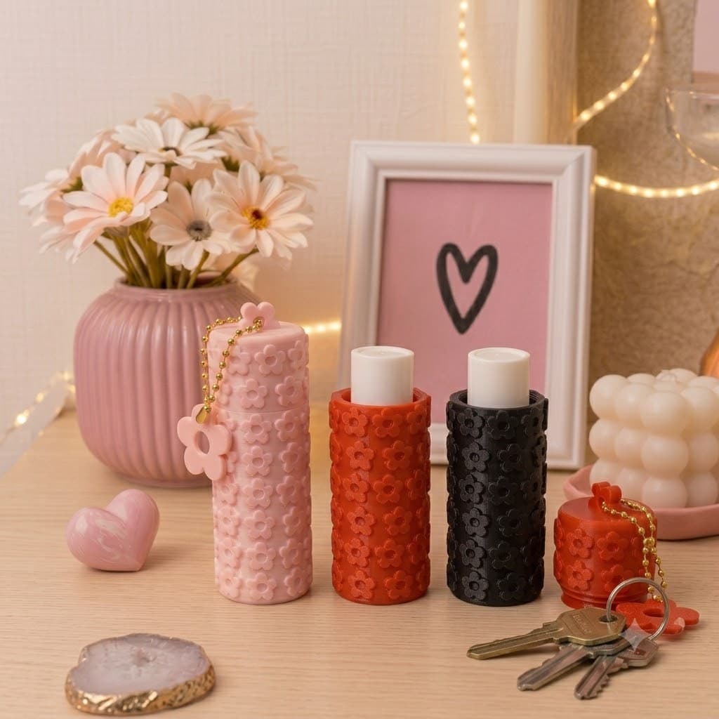 Chaveiro Porta-Batom Estilo Florzinha em Impressão 3D | Suporte Portátil Feminino