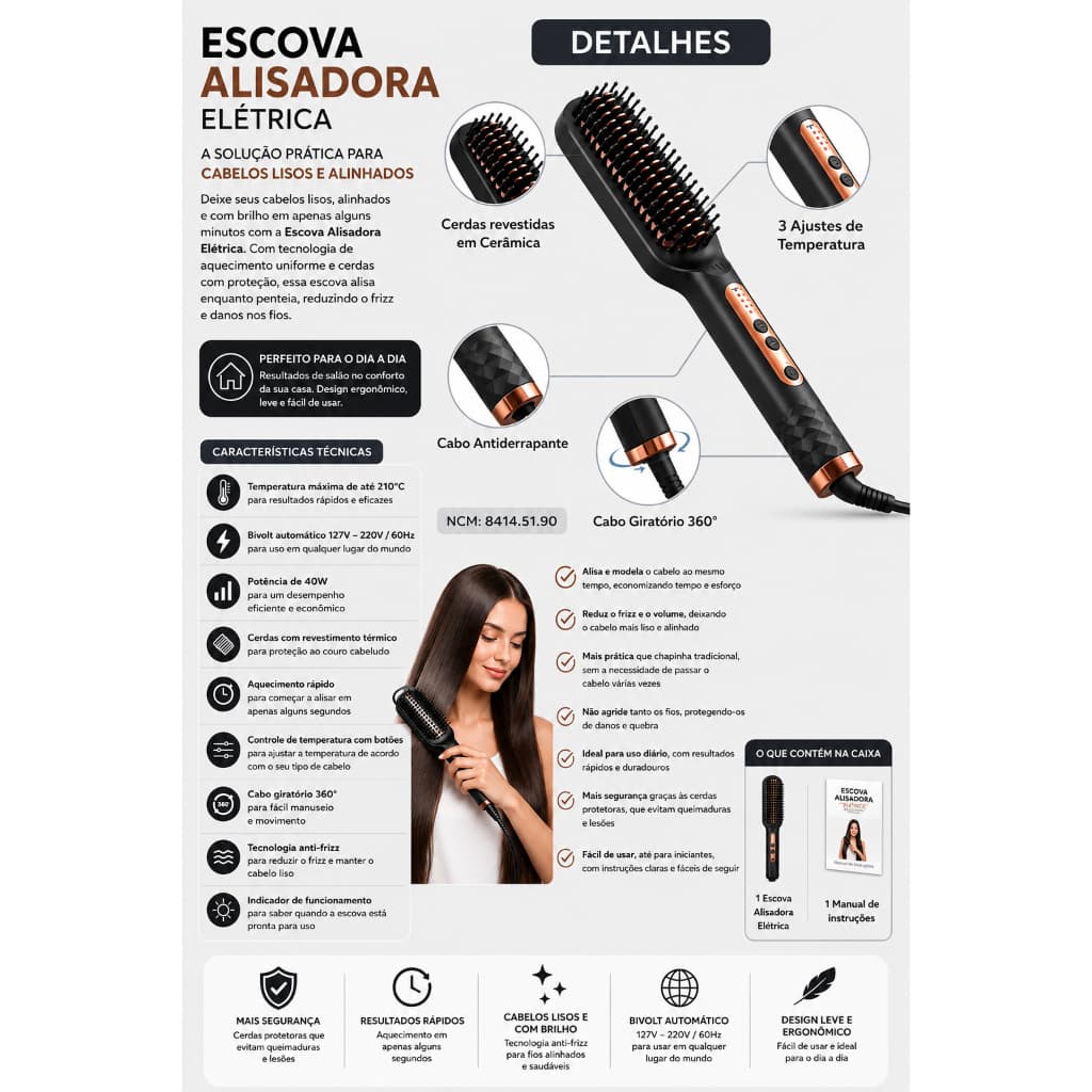 Escova Alisadora Bivolt 5 em 1 - Alisa, Hidrata, Modela, Alinha e Anti-Frizz Pente