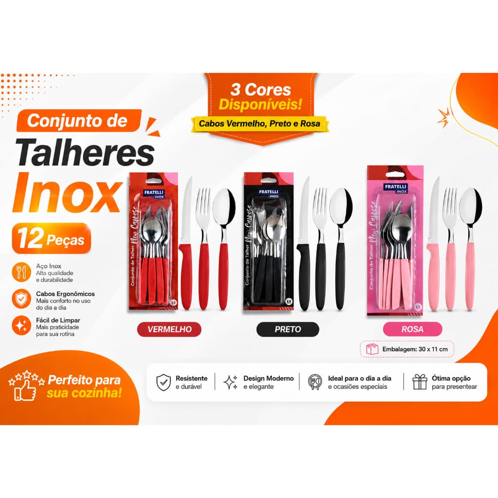 Conjunto Talheres Inox 12 Pecas Duravel Design Moderno Uso Diario Especial Preto, Rosa ou Vermelho