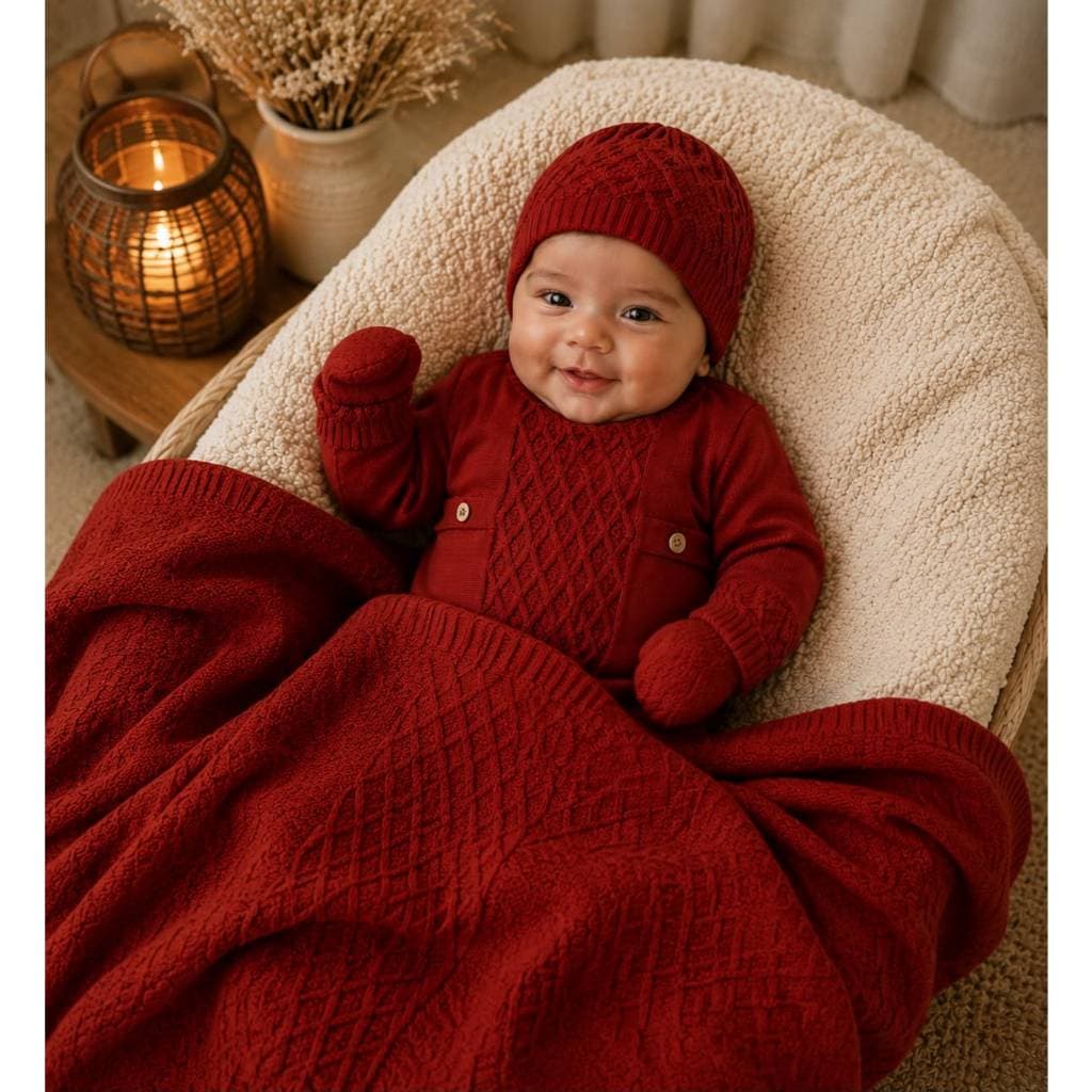 Kit Luxo Macacão Manta Luva Gorro Vira Pé Modal Saída Maternidade Récem Nascido Bebê Tricô