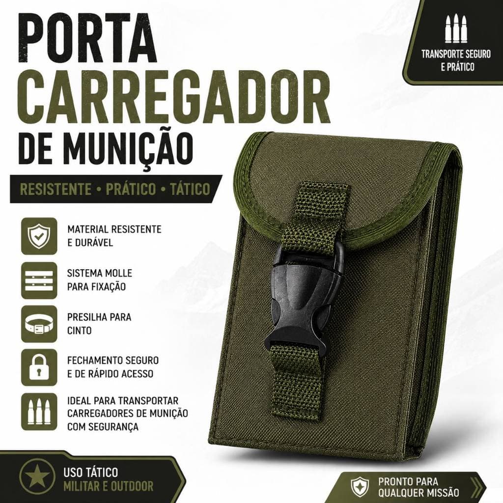 Porta Carregador De Fuzil Tático Verde em Nylon Reforçado com Presilha para Cinto Resistente e Fecho de Engate Rápido