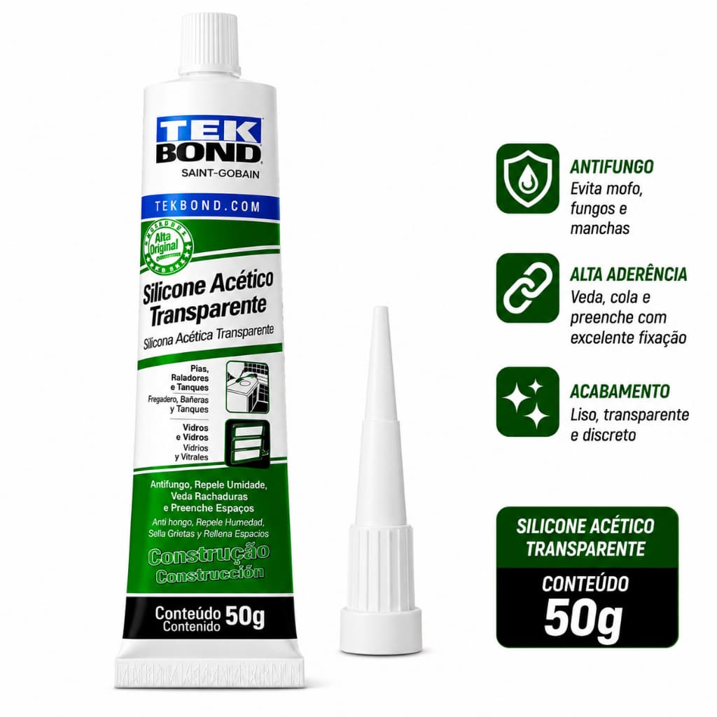 Silicone Transparente Tekbond 50g Cola Veda Box Banheiro Pia Vidros Azulejos Antimofo Original