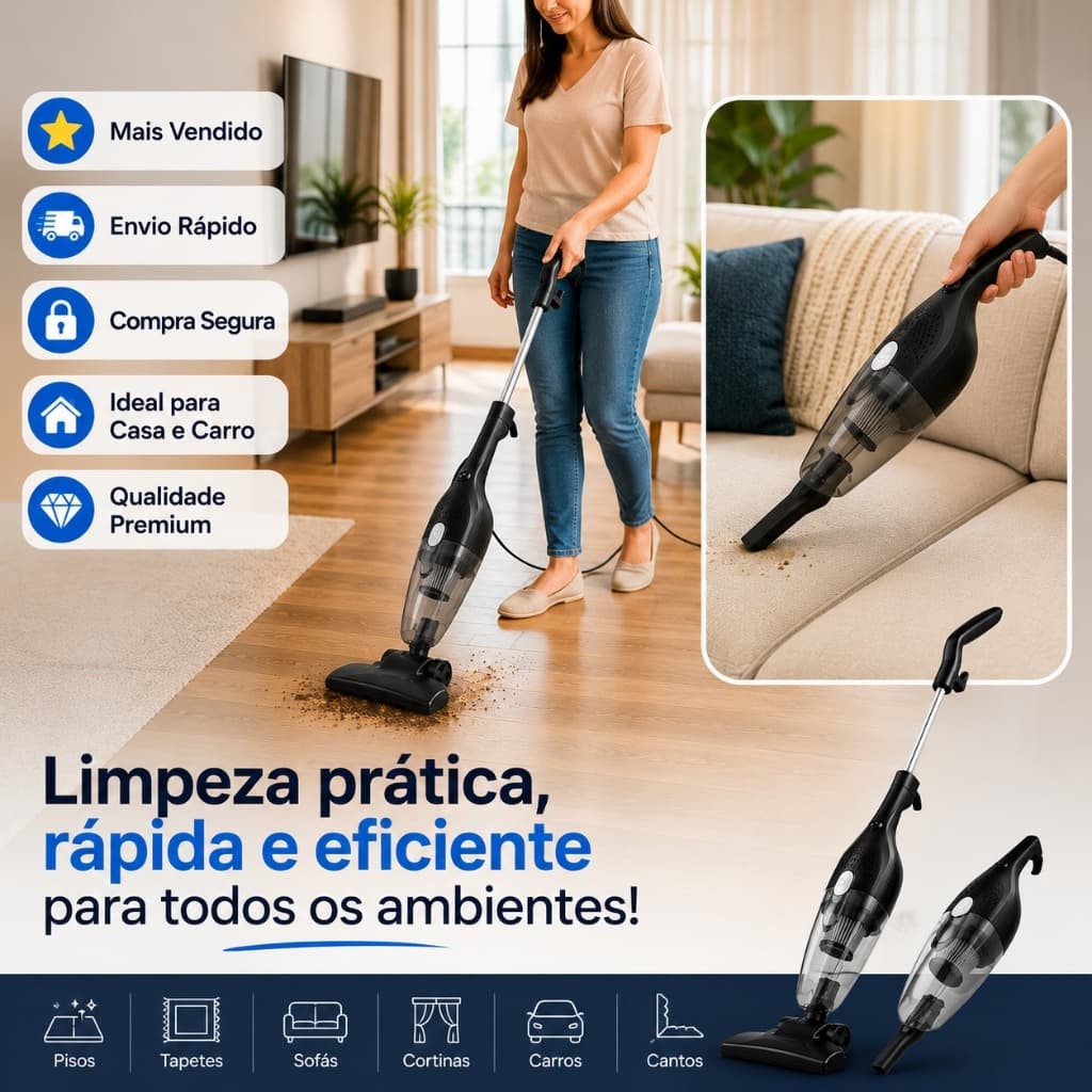 Aspirador de Pó Vertical 2 em 1 Portátil 220V com Fio | Aspirador Elétrico Leve para Piso, Sofá, Tapete e Carro