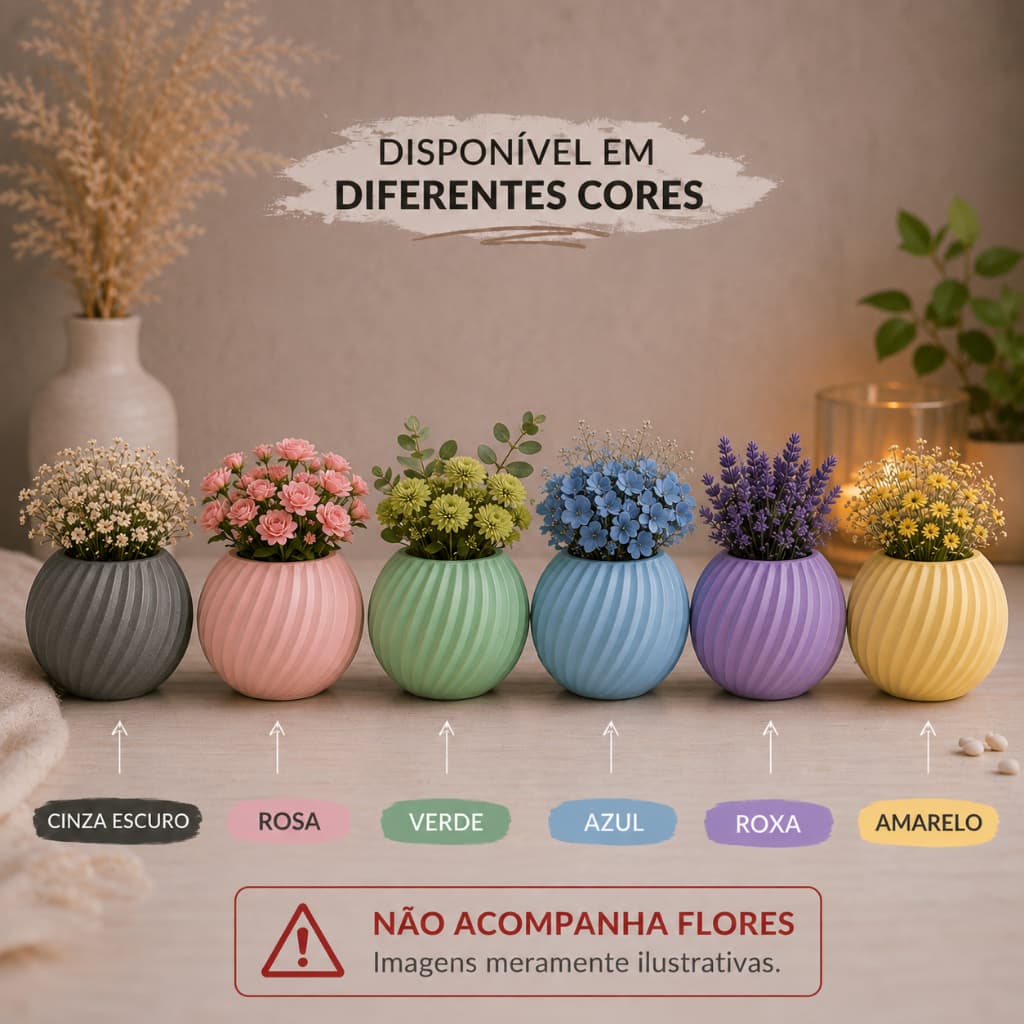 Vaso de Gesso Redondo para Flores Secas e Artificiais Azul Branco Verde Cinza Roxo Amarelo Rosa 6cm